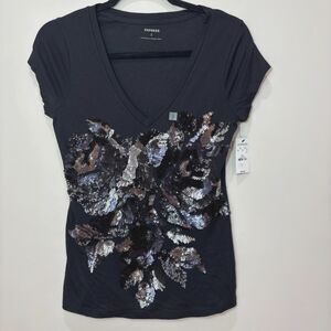 Express NWT Sequined Floral V-neck T-shirt Women S Rockability Y2K Fairy Goth